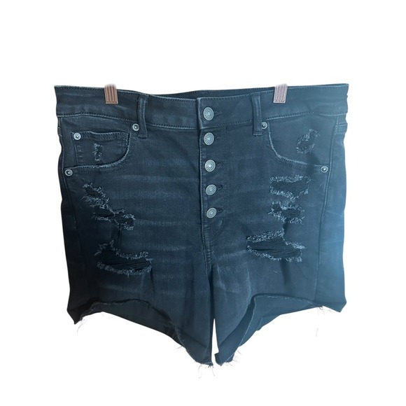 American Eagle Outfitters Pants - American Eagle Black Distressed High Waisted Button Fly Denim Shorts Womens 12